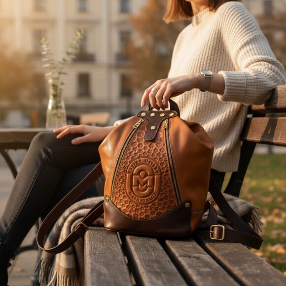 Marino Orlandi Cognac Chocolate Leather Embossed Convertible Sling Backpack - Picture 1 of 10